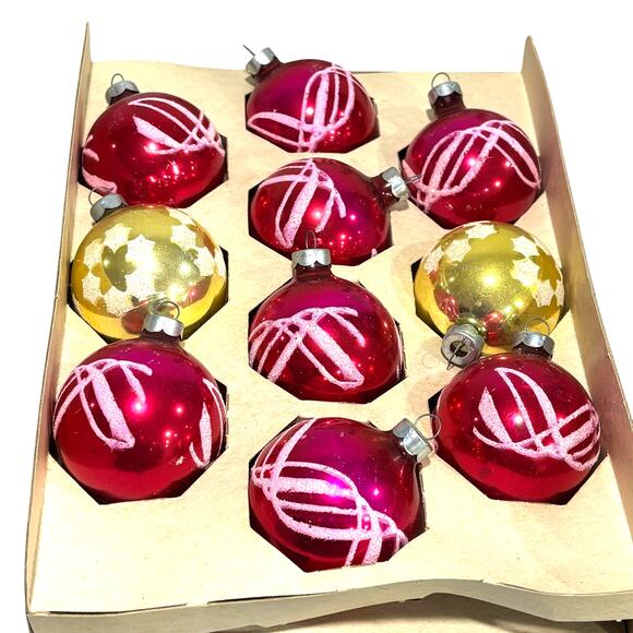 Vintage blown glass Christmas tree ornaments pink gold white flocking lot of 10 - Picture 7 of 11